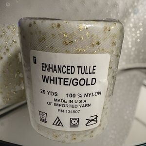 3 Inch White Mesh Ribbon with Gold Glitter Enhancements - 25 Yards Per Roll